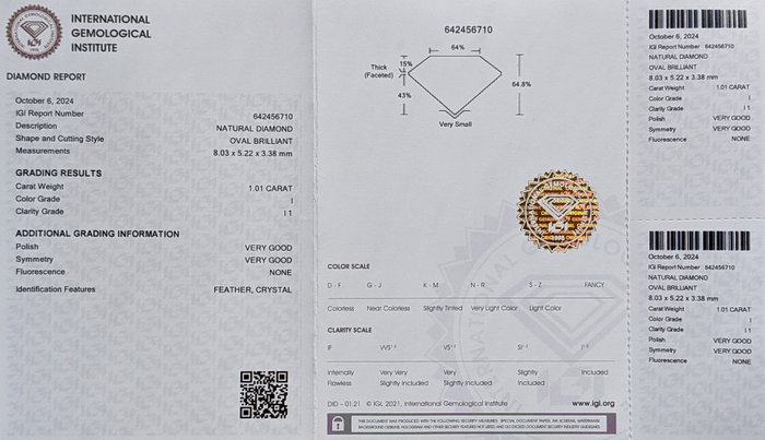 Ingen mindstepris - 1 pcs Diamant  (Natur)  - 1.00 ct - Oval - I - I1 - International Gemological Institute (IGI)