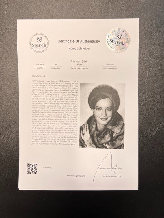 Romy Schneider - Fine Art Photography - Luxury Wooden Framed 70X50 cm - Limited Edition Nr 02 of 30 - Serial ID 16790 - Original Certificate (COA), Hologram Logo Editor and QR Code - 100% New items.