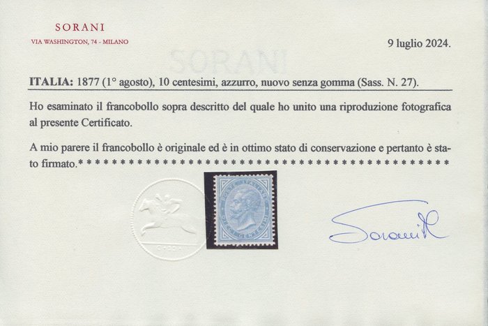 Italien Kongerige 1877 - 10 cent lyseblå med nyt farveskift uden gummi og diskret centrering - Sorani certificeret - Sassone n. 27