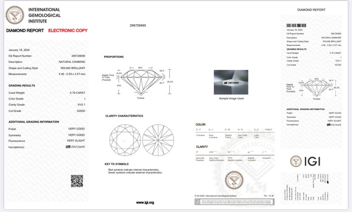 1 pcs Diamant  (Natur)  - 0.70 ct - Rund - I - VVS1 - International Gemological Institute (IGI)