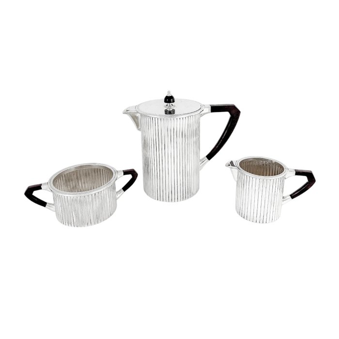 Art Deco large ribbed geometric three-piece coffee set - after Puiforcat - Kaffeservice (3) - Forsølvet Træ