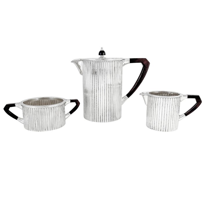 Art Deco large ribbed geometric three-piece coffee set - after Puiforcat - Kaffeservice (3) - Forsølvet Træ