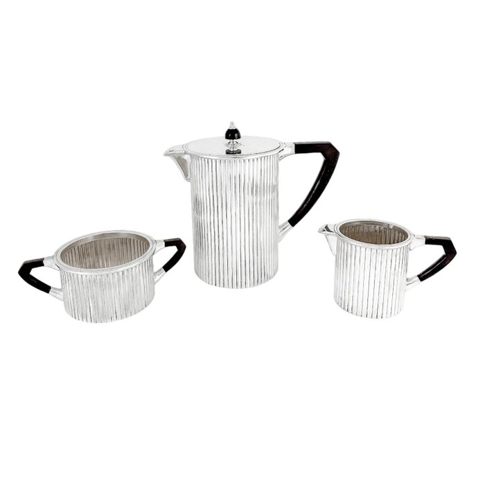 Art Deco large ribbed geometric three-piece coffee set - after Puiforcat - Kaffeservice (3) - Forsølvet Træ