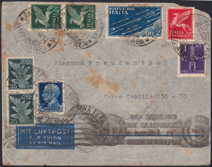 Italien Kongerige 1939 - Brev sendt fra Genova til Santiago de Chile 5/5/39 frankeret med High Value Air Mail - Sassone n. 253 + A10 + A14 + A15 + A16 + A17