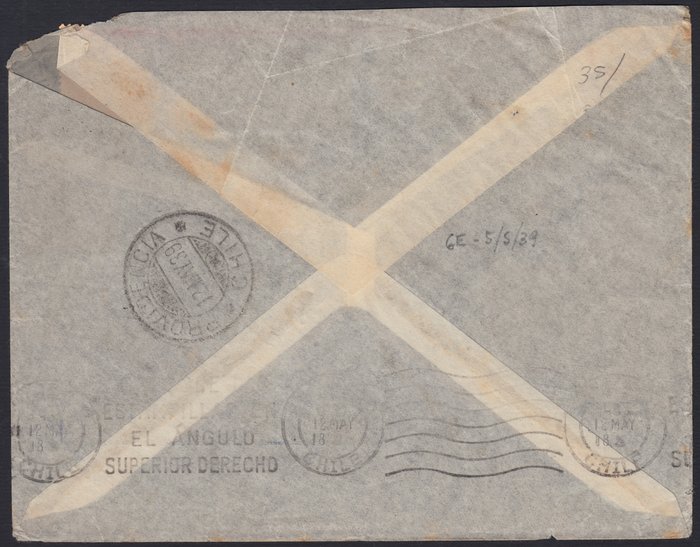 Italien Kongerige 1939 - Brev sendt fra Genova til Santiago de Chile 5/5/39 frankeret med High Value Air Mail - Sassone n. 253 + A10 + A14 + A15 + A16 + A17