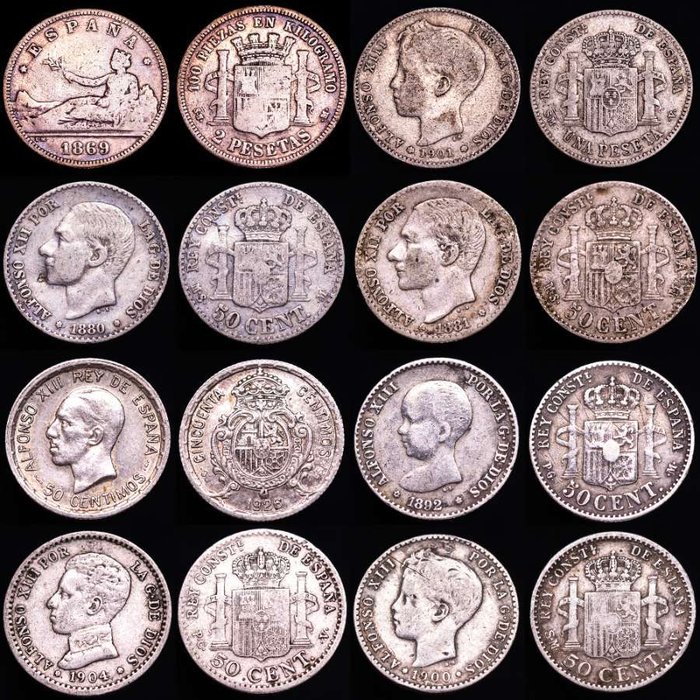 Spanien. Gobierno provisional, Alfonso XII y XIII. Conjunto de 8 monedas de plata de finales del siglo XIX.  (Ingen mindstepris)