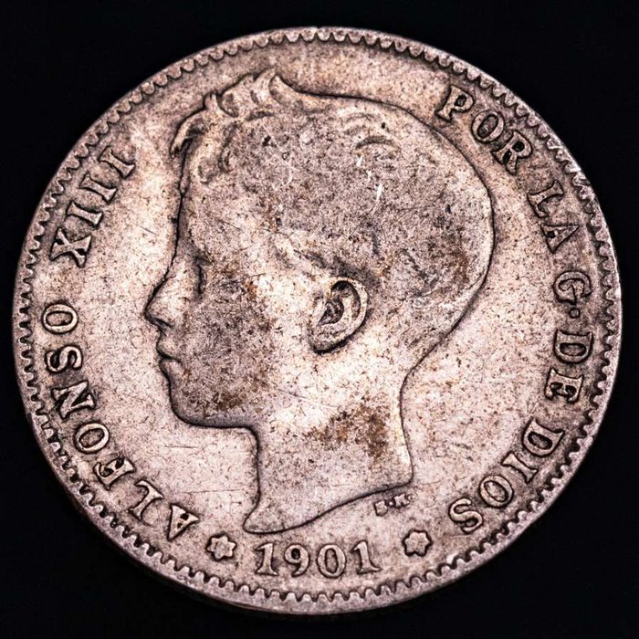 Spanien. Gobierno provisional, Alfonso XII y XIII. Conjunto de 8 monedas de plata de finales del siglo XIX.  (Ingen mindstepris)