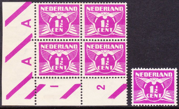 Holland 1928 - Flying Pigeon i blok af 4 med pladefejl Cen i stedet for Cent  171 med Gent i stedet for Cent - NVPH 171 Af  171 P