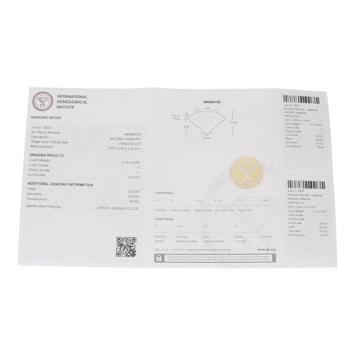 Ingen mindstepris - 1 pcs Diamant  (Natur)  - 0.15 ct - Kvadrat - E - I1 - International Gemological Institute (IGI)