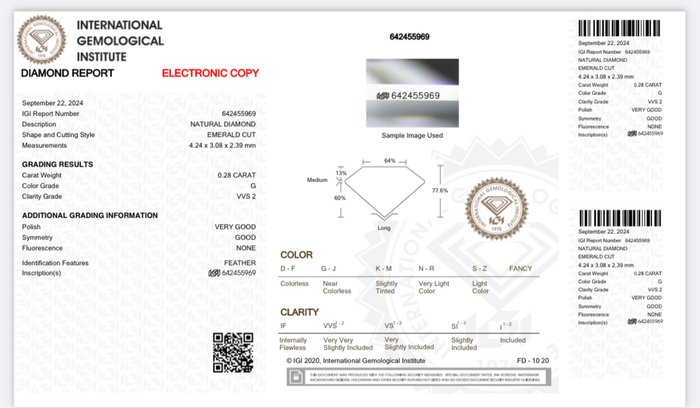 1 pcs Diamant  (Natur)  - 0.28 ct - Smaragd - G - VVS2 - International Gemological Institute (IGI)