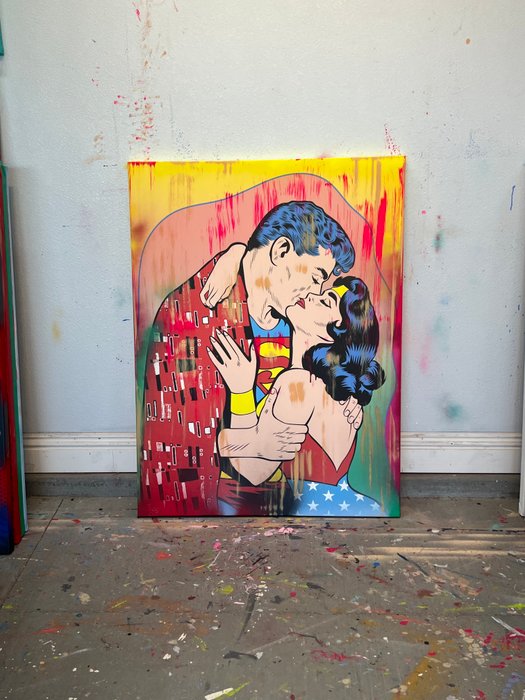 Dillon Boy (1979) - Superman and Wonder Woman Gustav Klimt The Kiss Classic Pop Art Painting Print x No Reserve