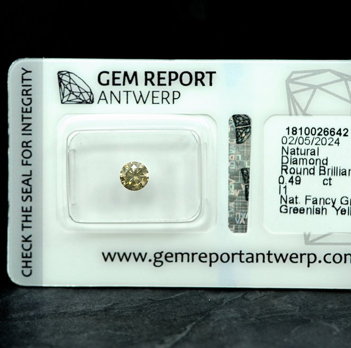 1 pcs Diamant  (Naturfarvet)  - 0.49 ct - Fancy Grålig, Grønlig Gul - I1 - Gem Report Antwerp (GRA)