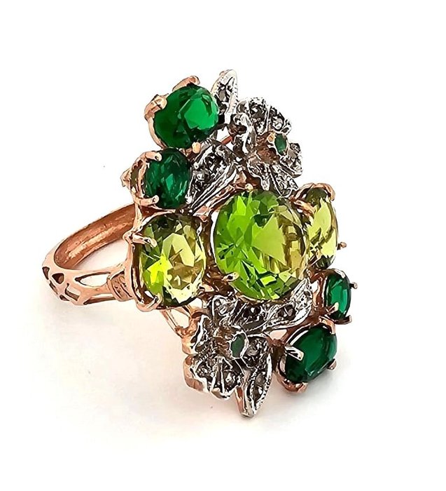 Ingen mindstepris - Ring - 9 kt. Rosaguld, Sølv -  8.54ct. tw. Peridot - Smaragd