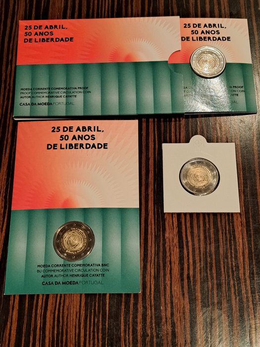 Portugal. 2 Euro 2024 "25 de Abril - 50 Anos de Liberdade" (3 moedas) Proof + BU  (Ingen mindstepris)