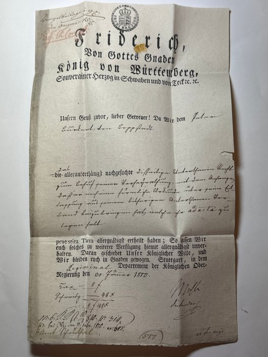 König Friedrich I von Württemberg - Schöner amtlicher Brief des Königs mit Signaturen seiner Beamten - 1810