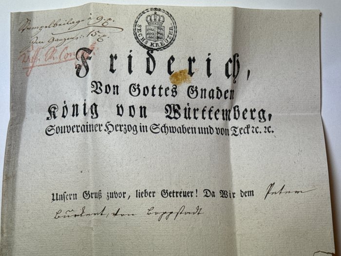 König Friedrich I von Württemberg - Schöner amtlicher Brief des Königs mit Signaturen seiner Beamten - 1810