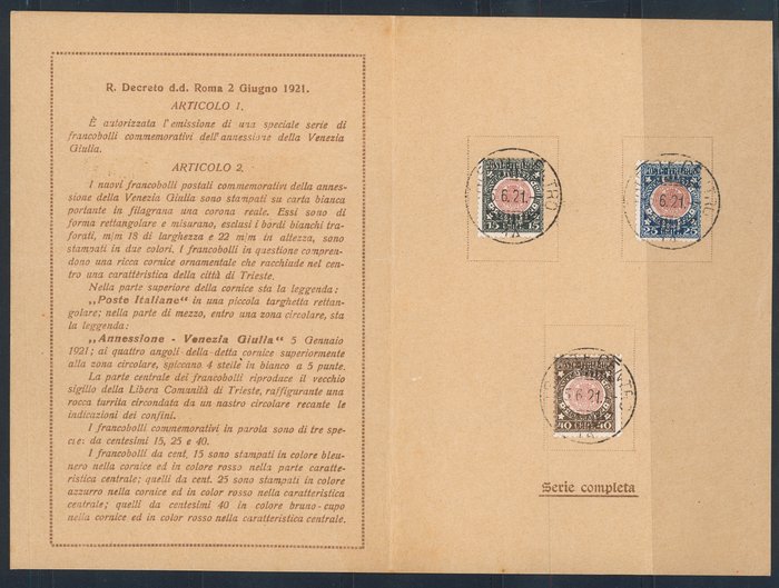 Italien Kongerige 1921 - Anneksering af Venezia Giulia komplet serie n. 113/15 i sjælden Mappe.