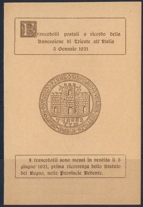 Italien Kongerige 1921 - Anneksering af Venezia Giulia komplet serie n. 113/15 i sjælden Mappe.