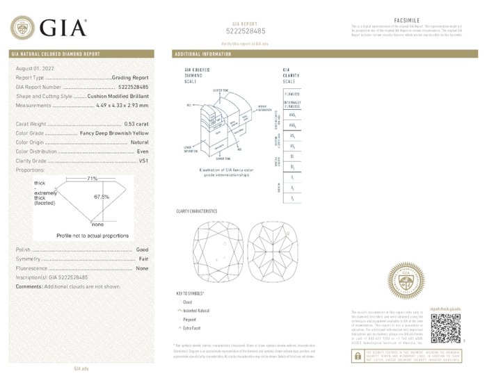 1 pcs Diamant  (Naturfarvet)  - 0.53 ct - Fancy deep Brunlig Gul - VS1 - Gemological Institute of America (GIA)