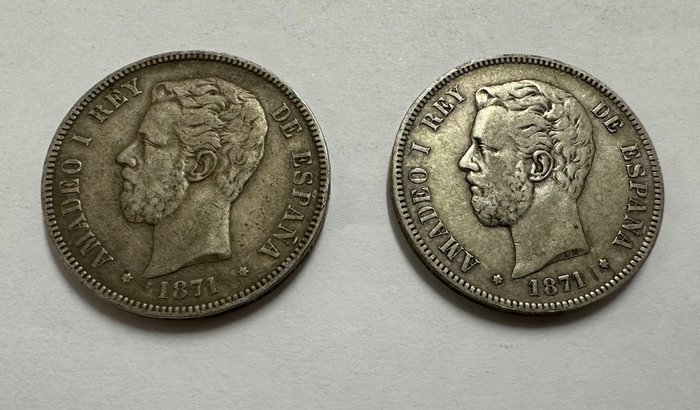 Spanien. Amadeo I (1871-1873). 5 Pesetas 1871 *18*71 SDM (2 monedas)  (Ingen mindstepris)