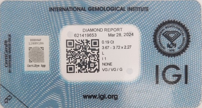 Ingen mindstepris - 1 pcs Diamant  (Natur)  - 0.19 ct - Rund - L - I1 - International Gemological Institute (IGI)