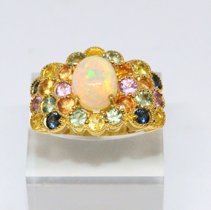 Ingen mindstepris - Ring Sølv -  5.36ct. tw. Opal - Safir - Størrelse: 17,3 mm