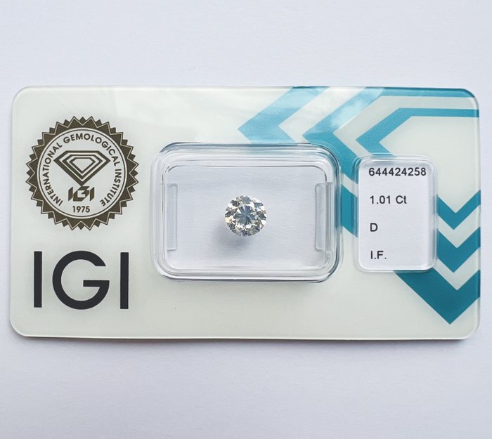 Ingen mindstepris - 1 pcs Diamant  (Natur)  - 1.01 ct - Rund - D (farveløs) - IF - International Gemological Institute (IGI)