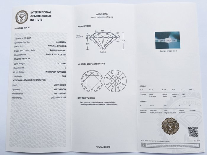 Ingen mindstepris - 1 pcs Diamant  (Natur)  - 1.01 ct - Rund - D (farveløs) - IF - International Gemological Institute (IGI)