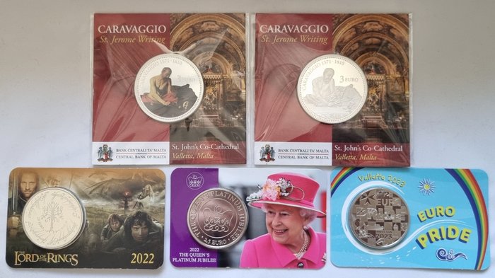 Malta. 2,5 Euro / 3 Euro 2022 "Caravaggio" + "Lord of the rings" + "Queen Elisabeth" (3 coins)  (Ingen mindstepris)