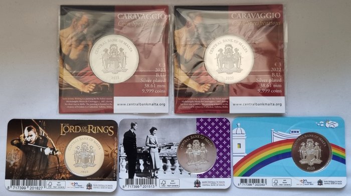 Malta. 2,5 Euro / 3 Euro 2022 "Caravaggio" + "Lord of the rings" + "Queen Elisabeth" (3 coins)  (Ingen mindstepris)