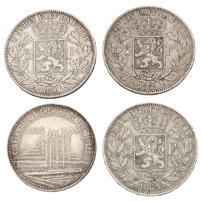 Belgien. 5 Francs, 50 Francs 1850/1935 - "Leopold I-II  Brussel's World Fair" (4 stuks)  (Ingen mindstepris)