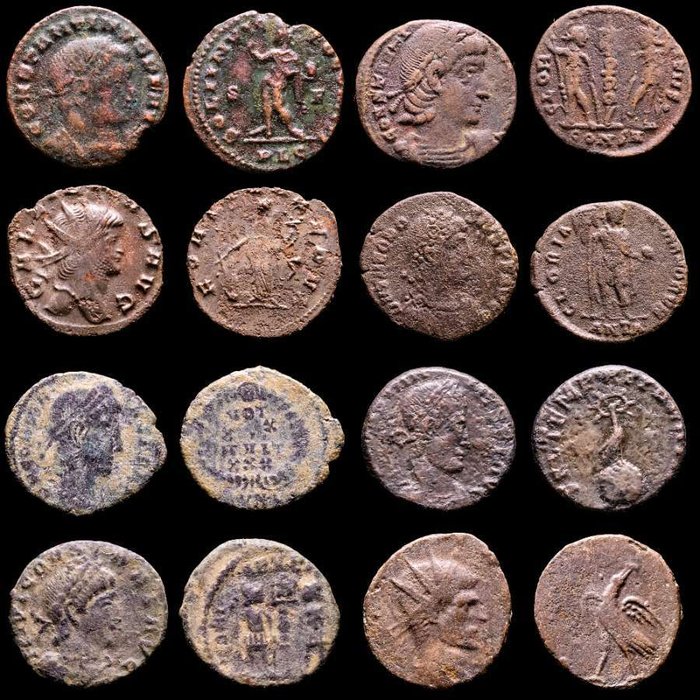 Romarriket. Lot comprising eight (8) coins: III-IV centuries AD. Antoninianus, Follis, Maiorinas.. 8 Æ coins Constantine I (2), Gallienus, Theodosius, Constantius II (2), Constans  Claudius II  (Ingen mindstepris)