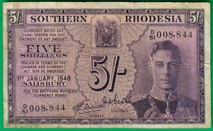 Sydrhodesia. - 5 shillings 1/1/1948 -  w/ fancy serial *8844* - Pick 8b  (Ingen mindstepris)