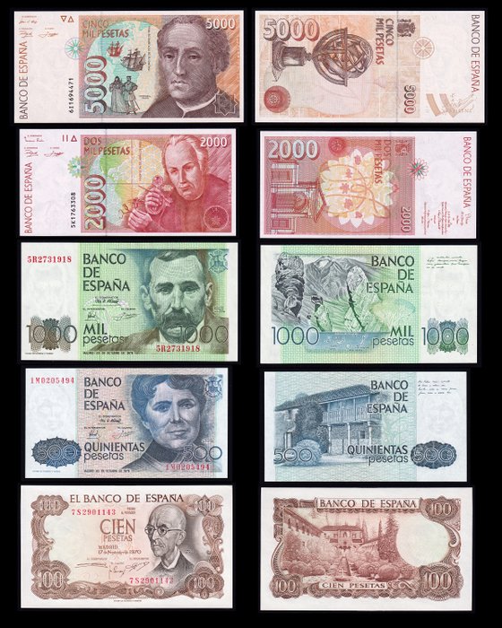 Spanien. - 5 banknotes - various dates  (Ingen mindstepris)