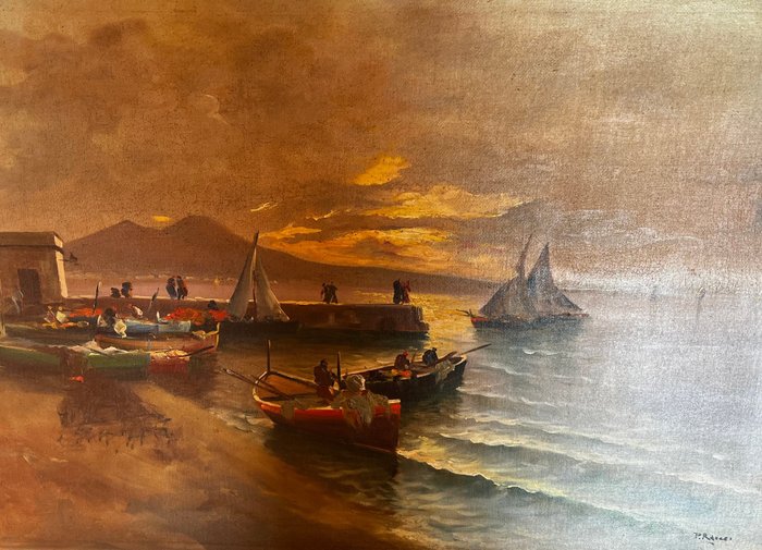 Scuola italiana (XX), firmato Raucci - Pescatori a Posillipo