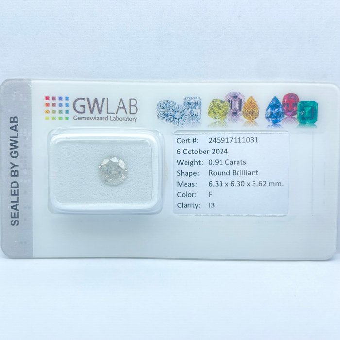 Ingen mindstepris - 1 pcs Diamant  (Natur)  - 0.91 ct - Rund - F - I3 - Gemewizard Gemological Laboratory (GWLab)