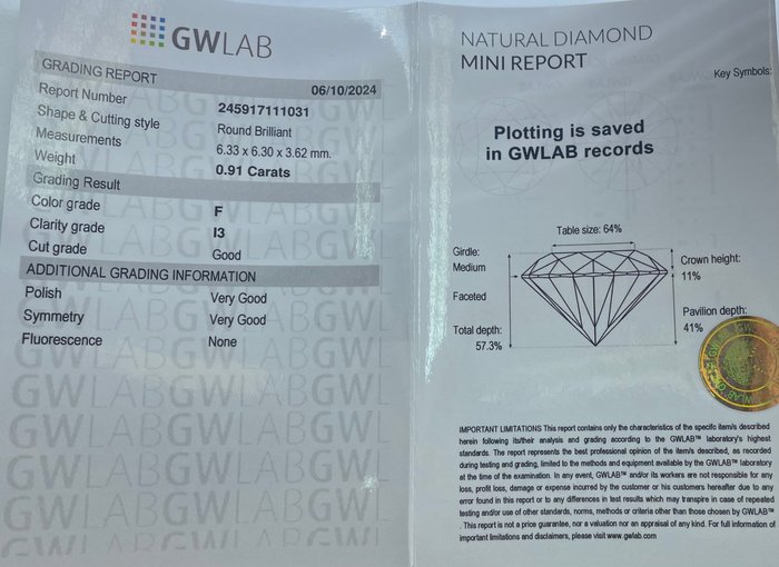 Ingen mindstepris - 1 pcs Diamant  (Natur)  - 0.91 ct - Rund - F - I3 - Gemewizard Gemological Laboratory (GWLab)