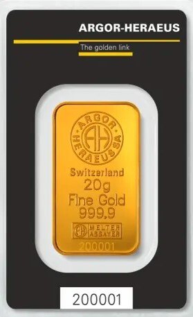 20 gram - Guld 999 - Argor Heraeus 20 Gramm Goldbarren Kinebar in Blister - Forseglet  Med certifikat