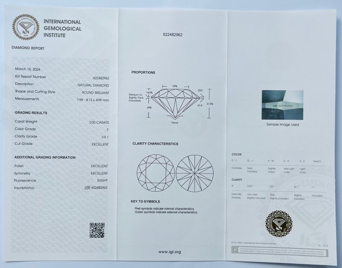 1 pcs Diamant  (Natur)  - 2.00 ct - Rund - F - VS1 - International Gemological Institute (IGI) - Ex Ex Ex