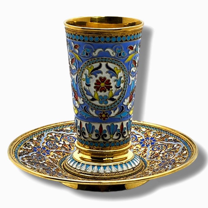 Antique  Russian Silver and cloisonne enamel beaker D. 1893 Russe - Bægerglas - .875 (84 zolotnik) sølv