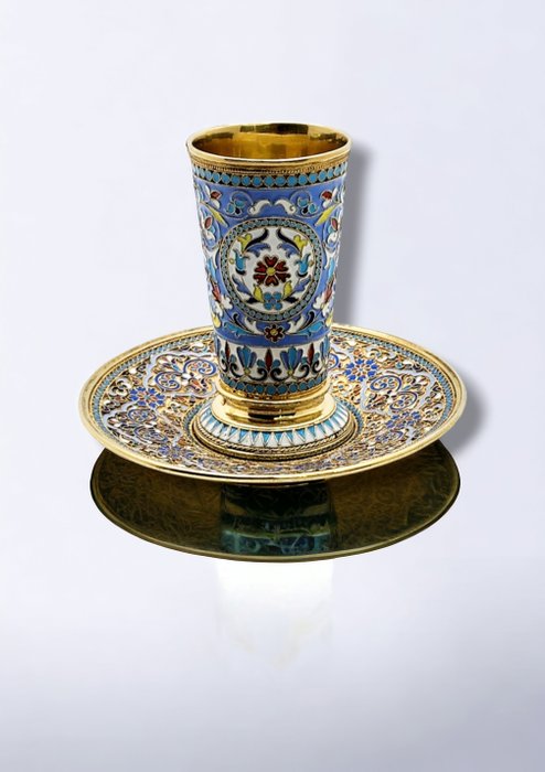 Antique  Russian Silver and cloisonne enamel beaker D. 1893 Russe - Bægerglas - .875 (84 zolotnik) sølv