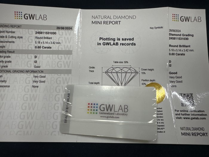 Ingen mindstepris - 1 pcs Diamant  (Natur)  - 060 ct - Rund - D (farveløs) - I2 - Gemewizard Gemological Laboratory (GWLab)