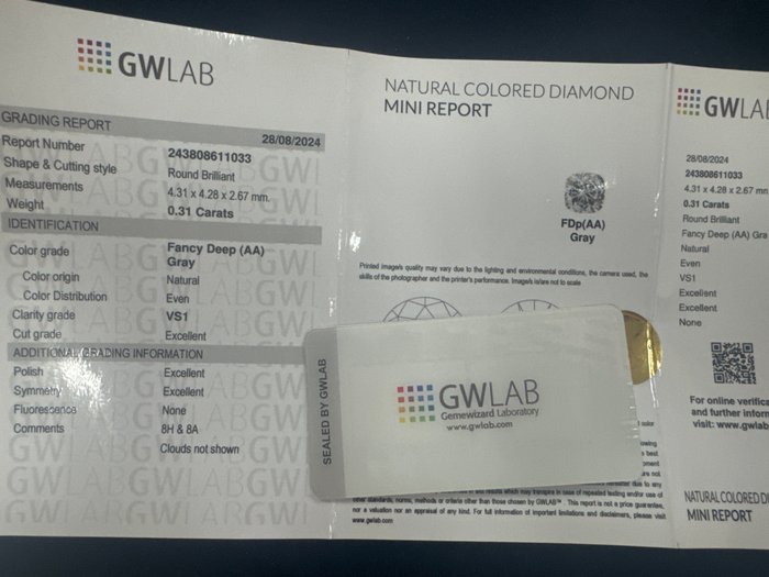 Ingen mindstepris - 1 pcs Diamant  (Naturfarvet)  - 0.31 ct - Rund - Fancy deep Grå - VS1 - Gemewizard Gemological Laboratory (GWLab)