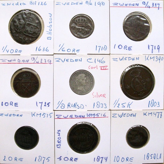 Sverige. Collection of 9 different "old" coins 1636-1875 including silver 1/8 Riksd. 1833  (Ingen mindstepris)