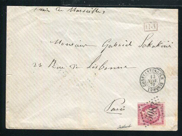 Frankrig 1871 - Sjælden lettre de Constantinople pour Paris ( 1871 ) med nr. 49 - Cachet GC 5083