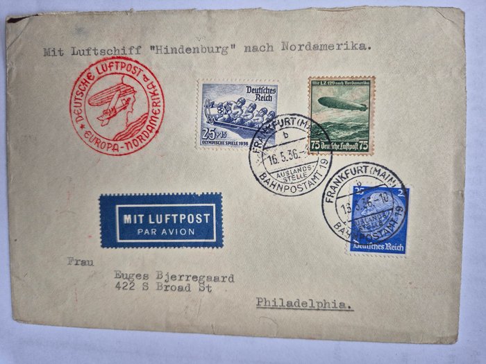 Tyske Kejserrige 1936 - Samling af 4 Zeppelin-dokumenter LZ 129 Hindenburg, Nordamerika-rejser - Michel Nummer 14a, 24b, 35a, 41b