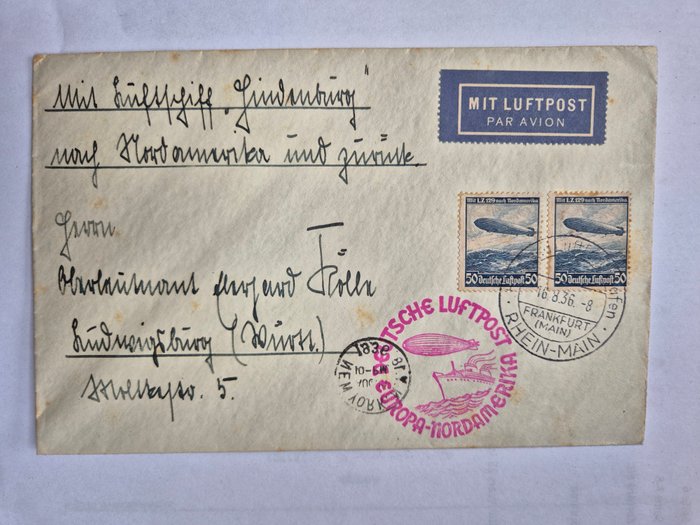 Tyske Kejserrige 1936 - Samling af 4 Zeppelin-dokumenter LZ 129 Hindenburg, Nordamerika-rejser - Michel Nummer 14a, 24b, 35a, 41b