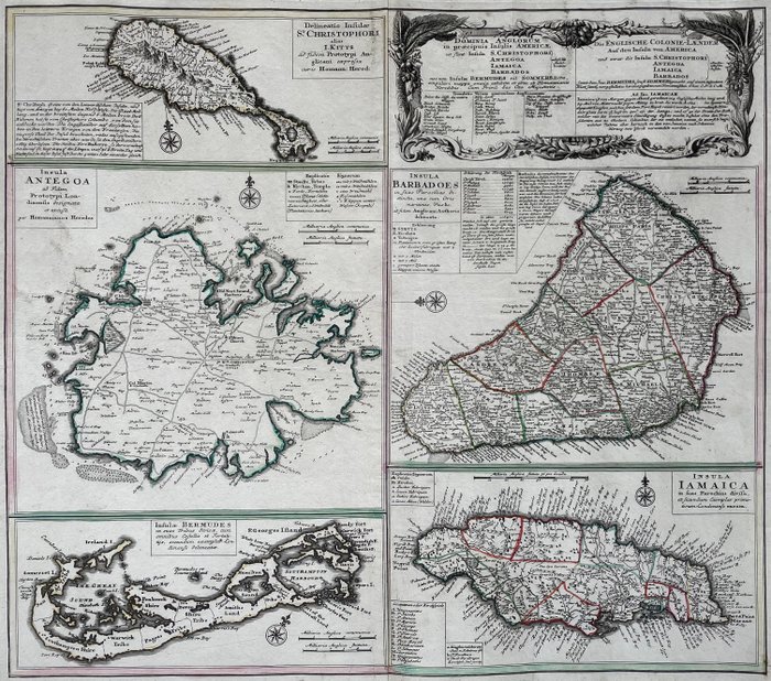 Caraïbische Eilanden, Brits Gemenebest - Antigua, Jamaica, St. Kitts, Bermuda, Barbados; Hermann Moll - Dominia Anglorum in praecipuis Insulis Americae ... / Die Englische Colonie-Laender ... - 1721-1750