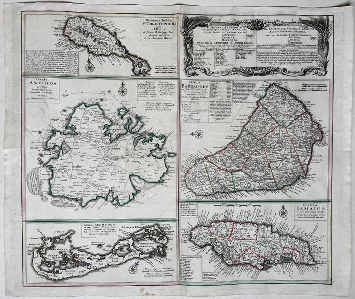 Caraïbische Eilanden, Brits Gemenebest - Antigua, Jamaica, St. Kitts, Bermuda, Barbados; Hermann Moll - Dominia Anglorum in praecipuis Insulis Americae ... / Die Englische Colonie-Laender ... - 1721-1750