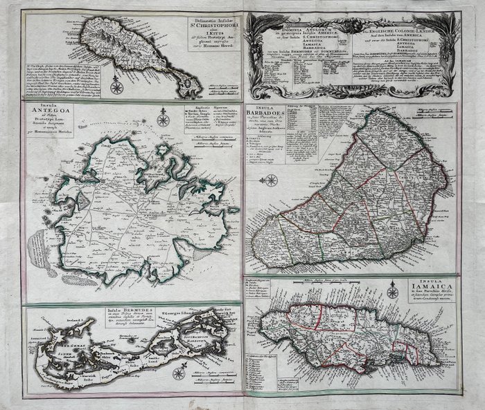 Caraïbische Eilanden, Brits Gemenebest - Antigua, Jamaica, St. Kitts, Bermuda, Barbados; Hermann Moll - Dominia Anglorum in praecipuis Insulis Americae ... / Die Englische Colonie-Laender ... - 1721-1750